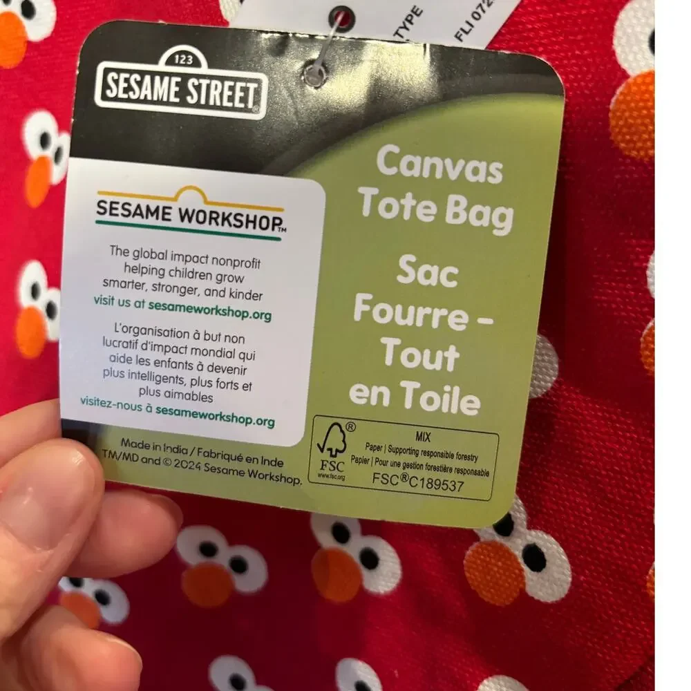 NWT Sesame Street Elmo Large Cotton Tote Bag - Red, Orange